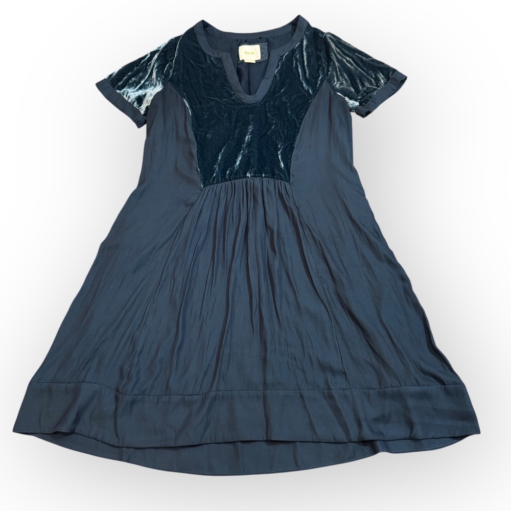 Maeve Anthropologie Velvet Panel Dress XS Blue Short Sleeve Viscose Blend‎